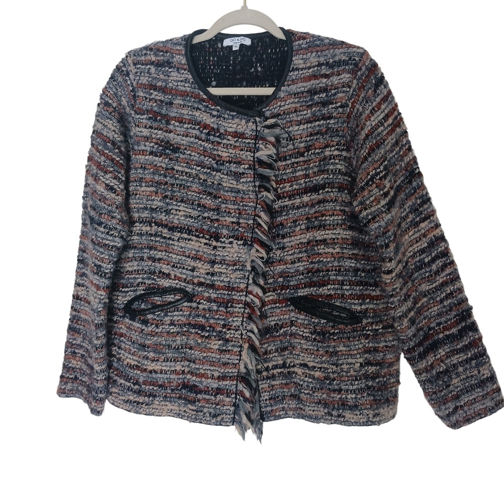 Gio & Gio Tweed Jacket Womens Small Multicolor Fringe Trim Wool Blend Italy